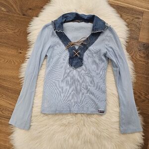 Vintage Light Blue Long Sleeve Top with Denim Lace-Up Collar